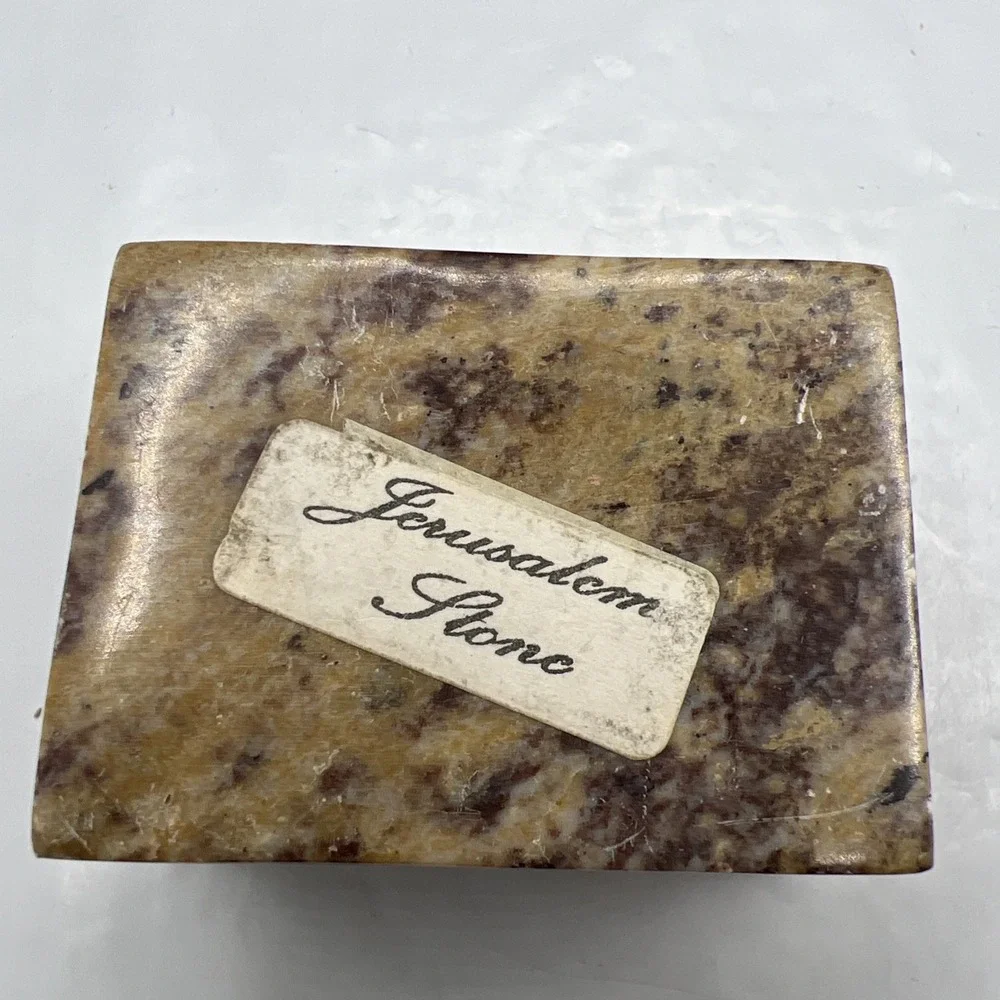 Vintage Jerusalem Stone Trinket Box Inlay Floral Mother of Pearl Small Box